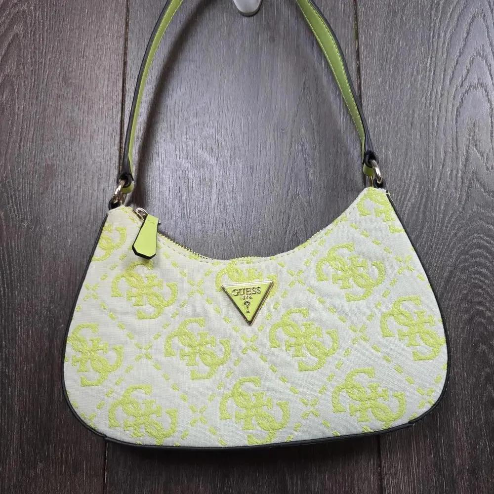 Guess Ruma Mini Top Zip  Quilted Logo Embroidered Shoulder Bag Chartreuse Color